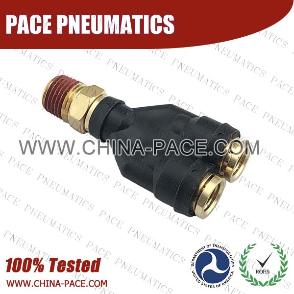 Male Y DOT Push To Connect Air Brake Fittings, DOT Push In Air Brake Tube Fittings, DOT Approved Brass Push To Connect Fittings, DOT Fittings, DOT Air Line Fittings, Air Brake Parts
